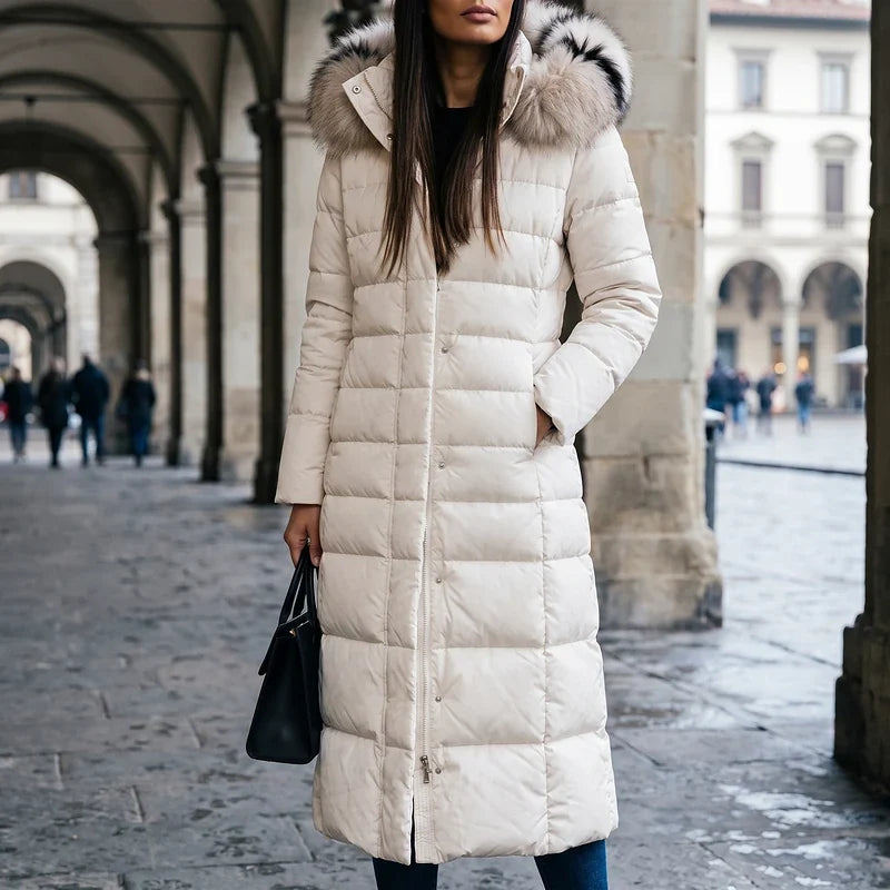 Women's Maxi Length Puffer Coat with Faux Fur Hood – Ankle Length Quilted Winter Coat
