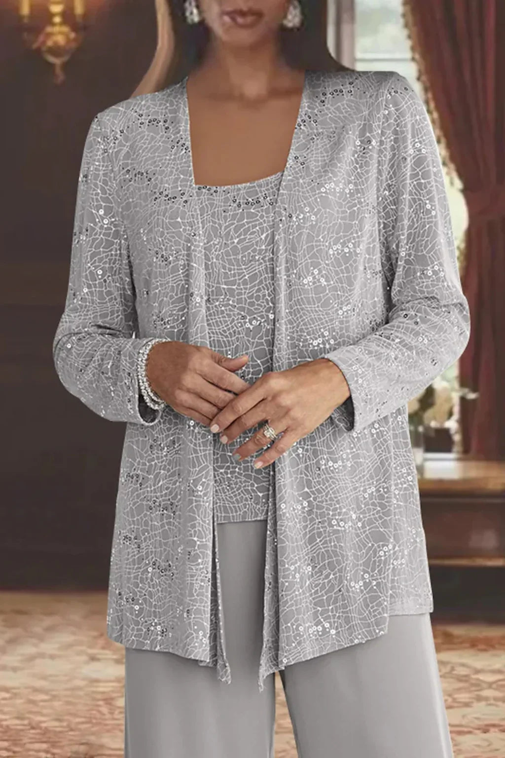 Harriet | Women Sequin Lace Three Piece Wide Leg Trouser Suit