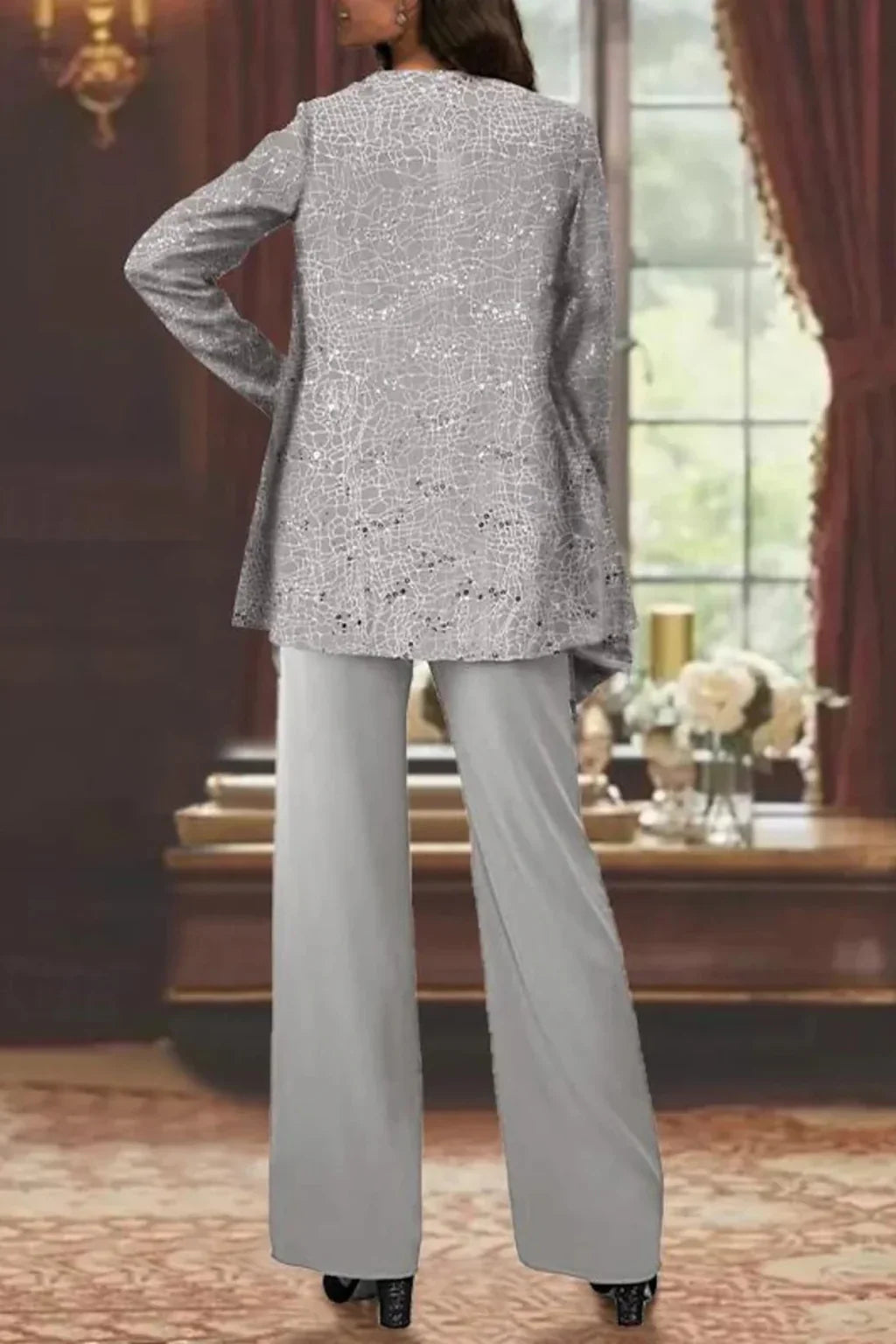 Harriet | Women Sequin Lace Three Piece Wide Leg Trouser Suit