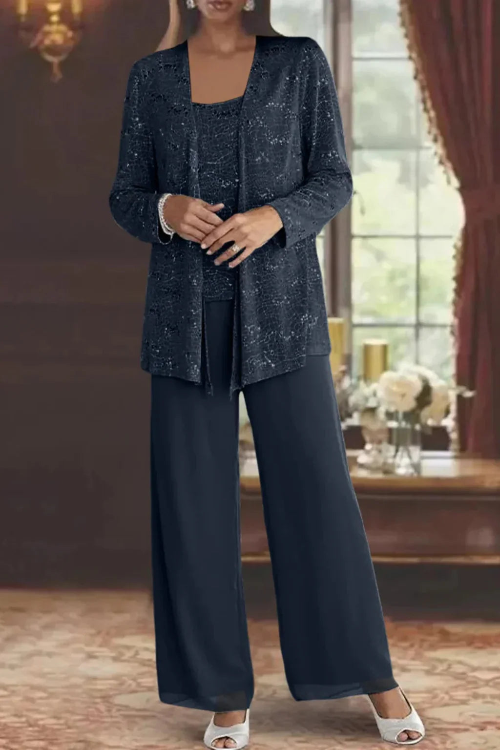 Harriet | Women Sequin Lace Three Piece Wide Leg Trouser Suit