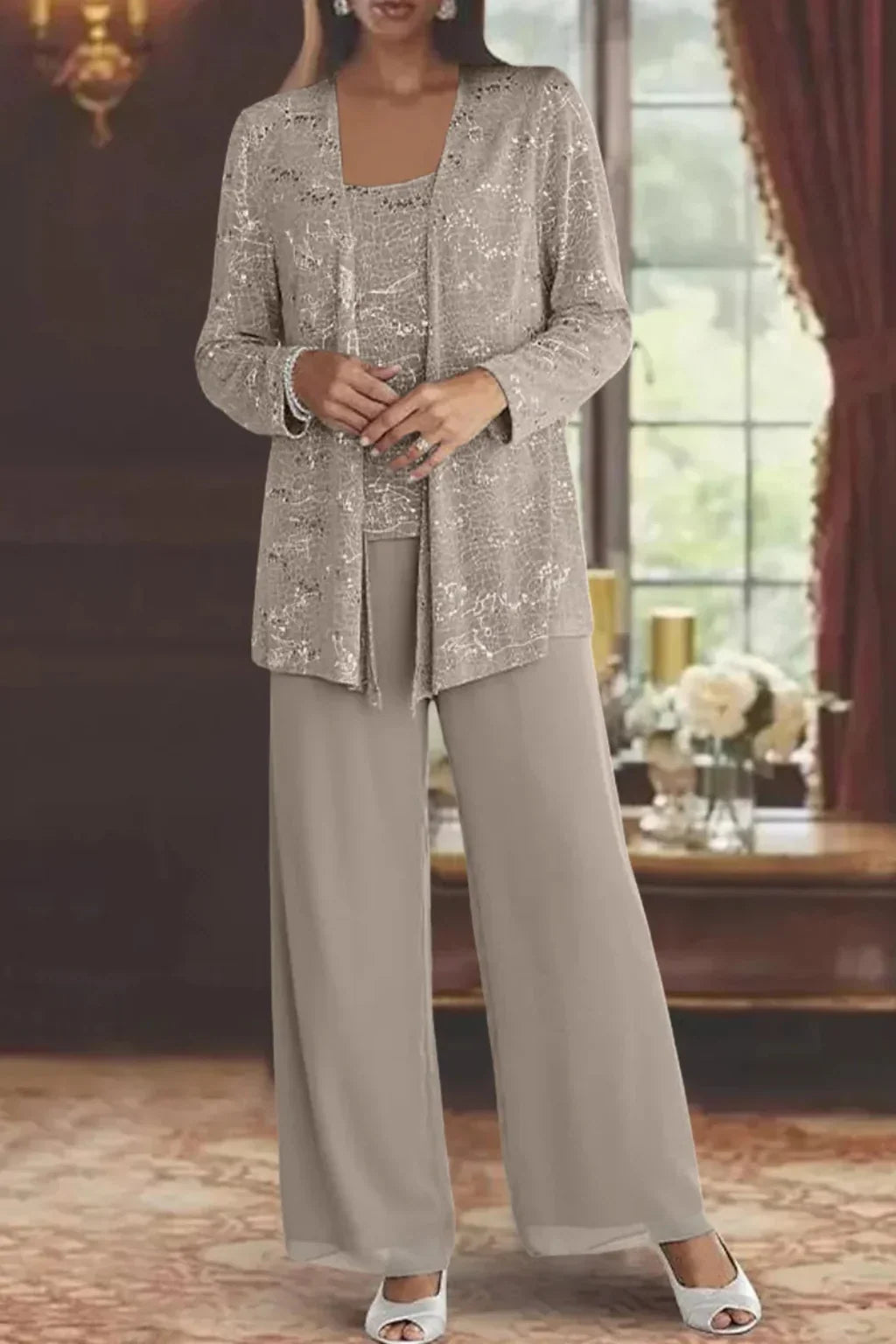 Harriet | Women Sequin Lace Three Piece Wide Leg Trouser Suit