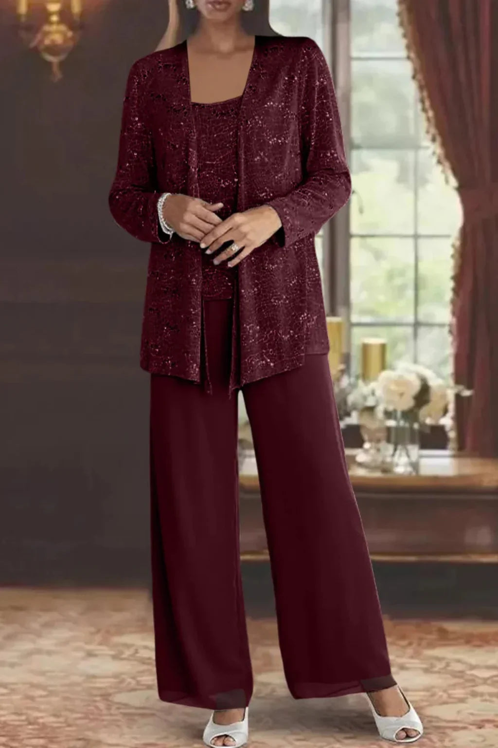 Harriet | Women Sequin Lace Three Piece Wide Leg Trouser Suit