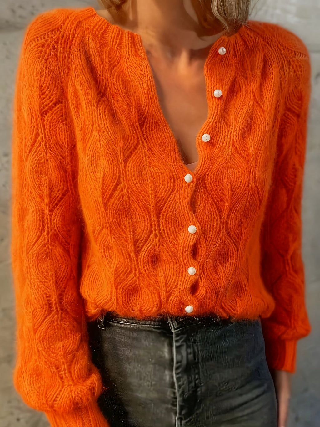 Women's Faux Mink Knit Cardigan – Pearl Button V-Neck Puff Shoulder Sweater