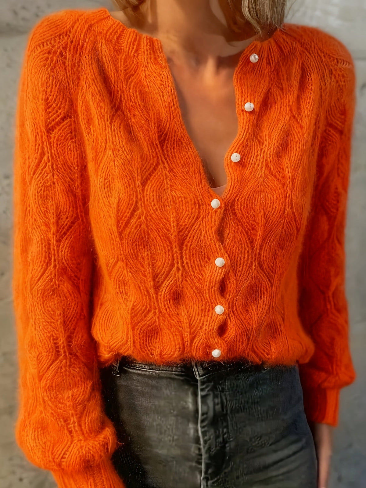 Women's Faux Mink Knit Cardigan – Pearl Button V-Neck Puff Shoulder Sweater