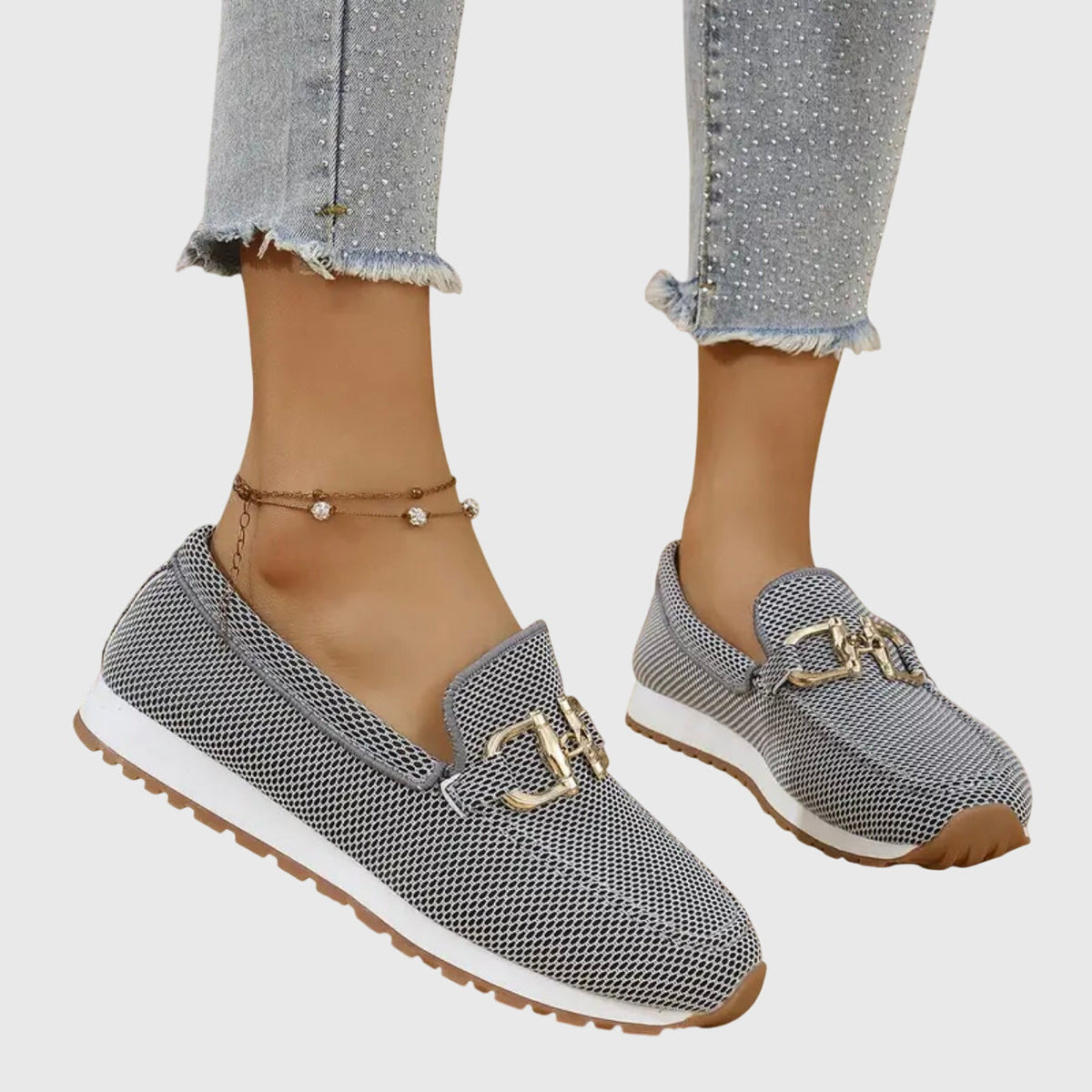 Women's Knit Mesh Loafer Sneakers – Slip-On Shoes with Gold-Tone Bit Buckle