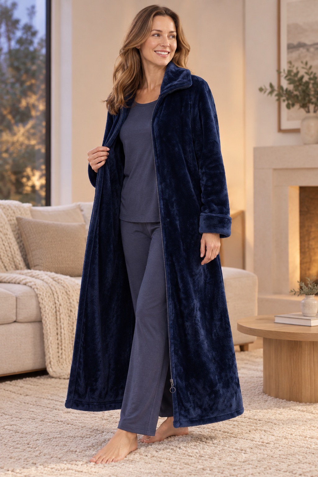 Gwen | Women Long Zip Front Flannel Fleece Robe
