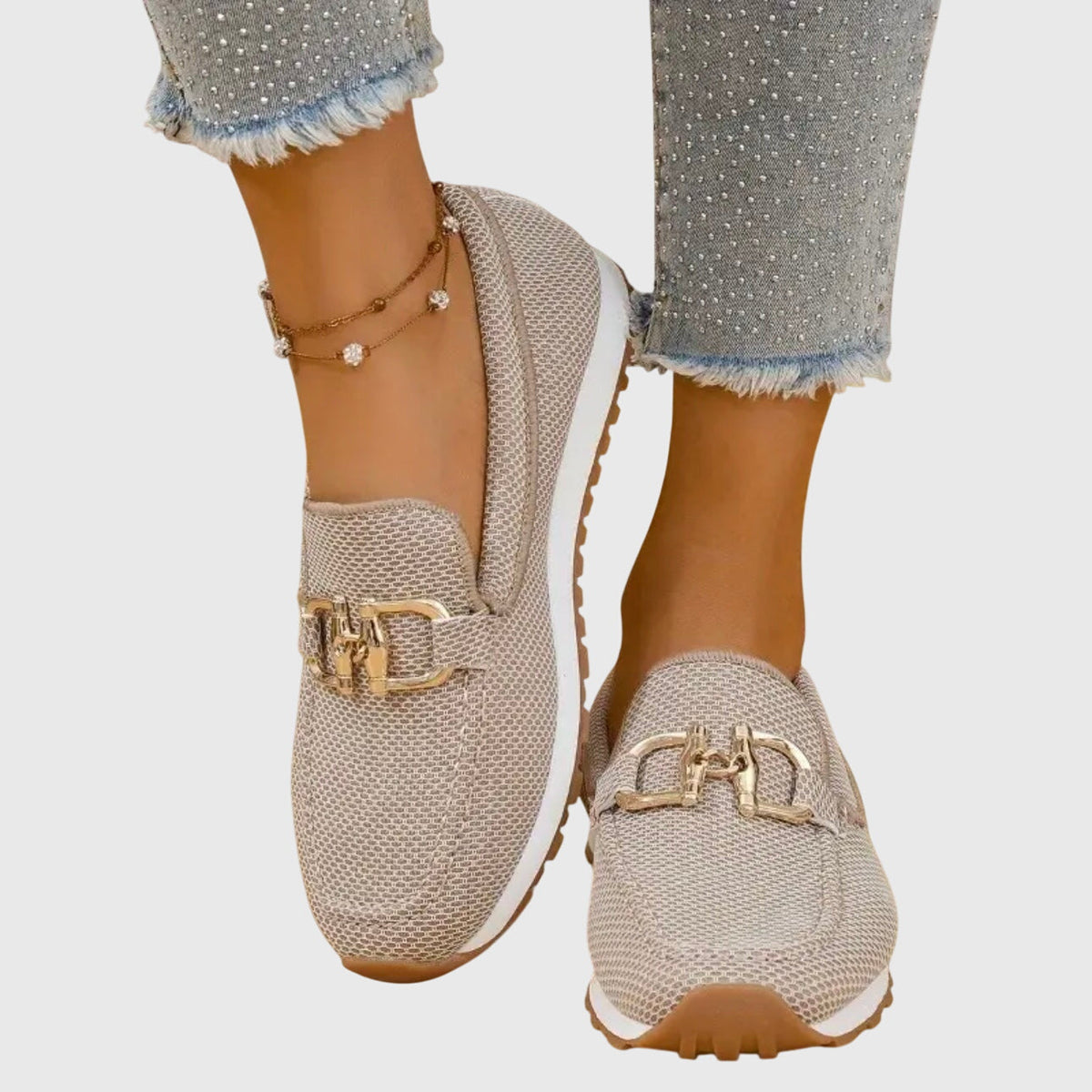 Women's Knit Mesh Loafer Sneakers – Slip-On Shoes with Gold-Tone Bit Buckle