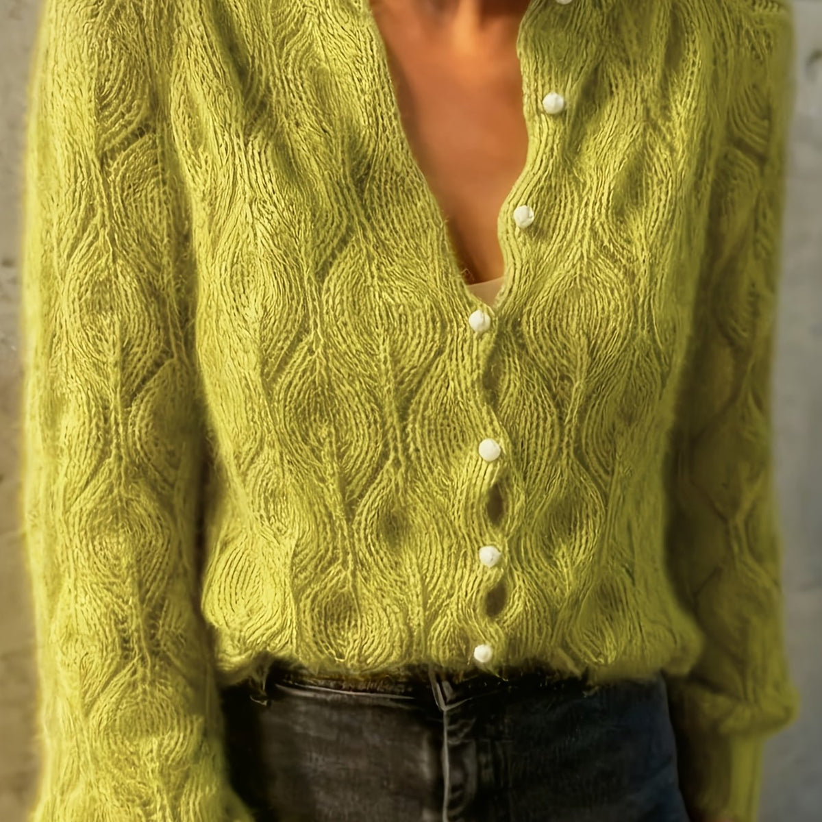 Women's Faux Mink Knit Cardigan – Pearl Button V-Neck Puff Shoulder Sweater