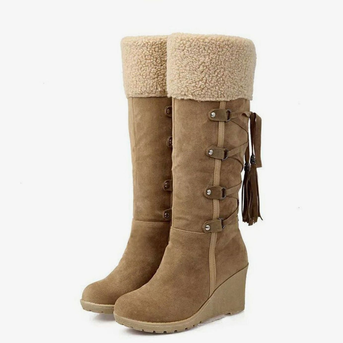 Women's Sherpa Cuff Wedge Knee-High Boots – Suede-Look Winter Boots with Tassel