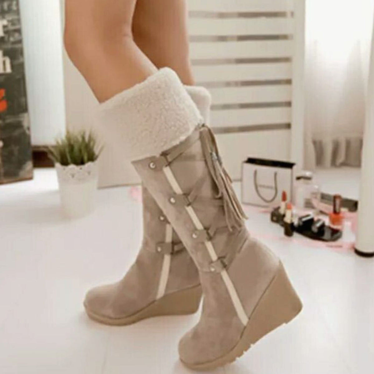 Women's Sherpa Cuff Wedge Knee-High Boots – Suede-Look Winter Boots with Tassel