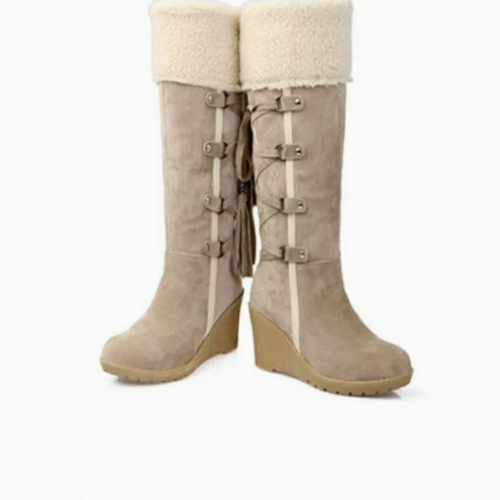Women's Sherpa Cuff Wedge Knee-High Boots – Suede-Look Winter Boots with Tassel
