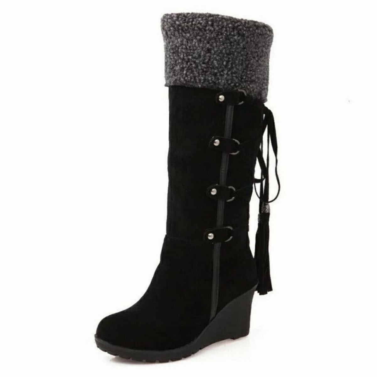Women's Sherpa Cuff Wedge Knee-High Boots – Suede-Look Winter Boots with Tassel