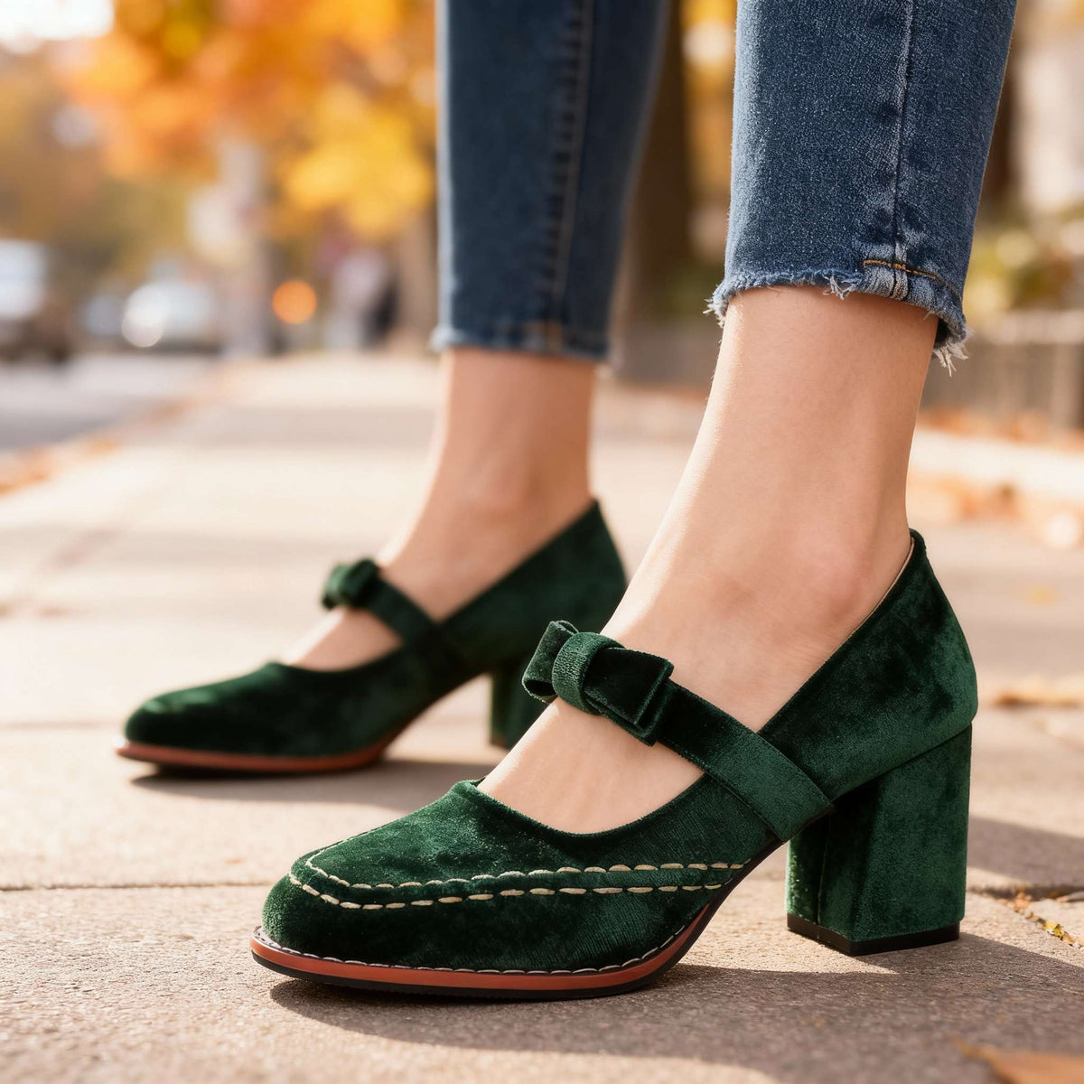 Evi Women's Velvet Block Heel Loafers - Slip-On Bow Tie Chic Dress Shoes