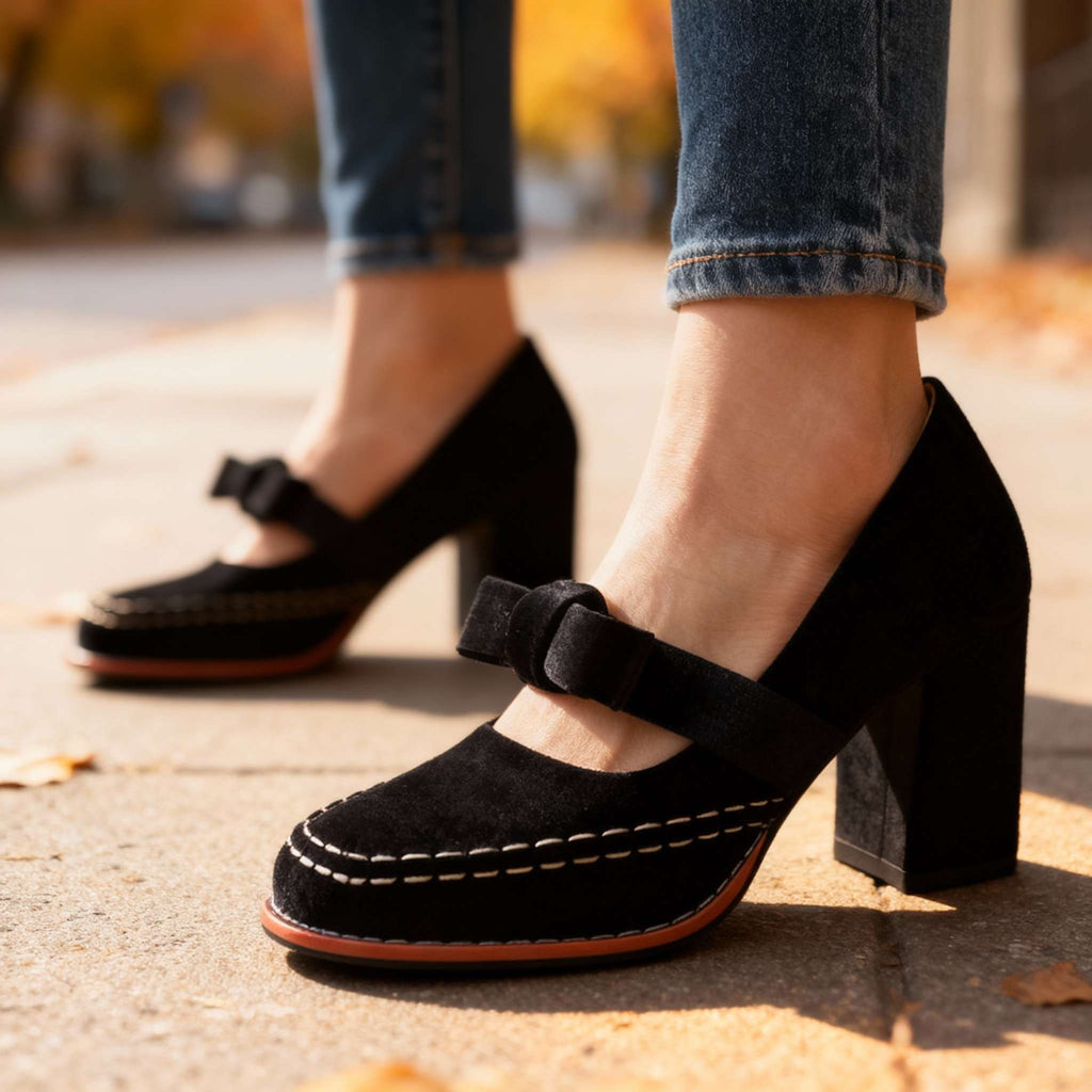 Evi Women's Velvet Block Heel Loafers - Slip-On Bow Tie Chic Dress Shoes
