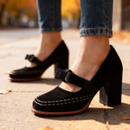 Evi Women's Velvet Block Heel Loafers - Slip-On Bow Tie Chic Dress Shoes