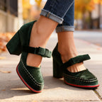 Evi Women's Velvet Block Heel Loafers - Slip-On Bow Tie Chic Dress Shoes