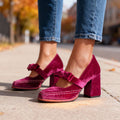 Evi Women's Velvet Block Heel Loafers - Slip-On Bow Tie Chic Dress Shoes