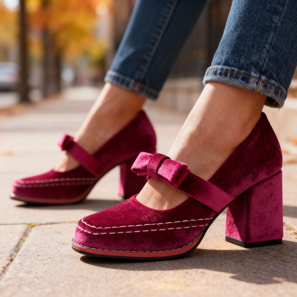 Evi Women's Velvet Block Heel Loafers - Slip-On Bow Tie Chic Dress Shoes
