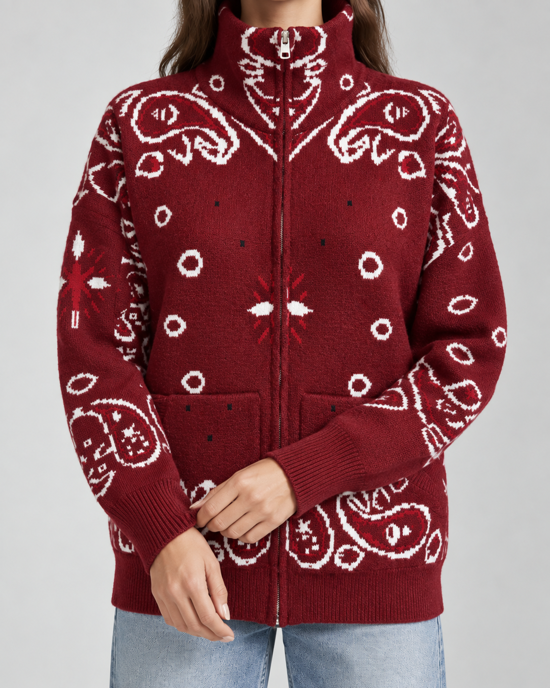 Women's Paisley Print Zip-Up Cardigan – Funnel Neck Ribbed Knit Sweater