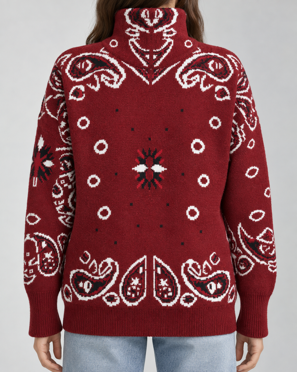 Women's Paisley Print Zip-Up Cardigan – Funnel Neck Ribbed Knit Sweater