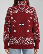 Women's Paisley Print Zip-Up Cardigan – Funnel Neck Ribbed Knit Sweater