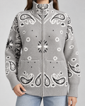Women's Paisley Print Zip-Up Cardigan – Funnel Neck Ribbed Knit Sweater