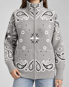 Women's Paisley Print Zip-Up Cardigan – Funnel Neck Ribbed Knit Sweater