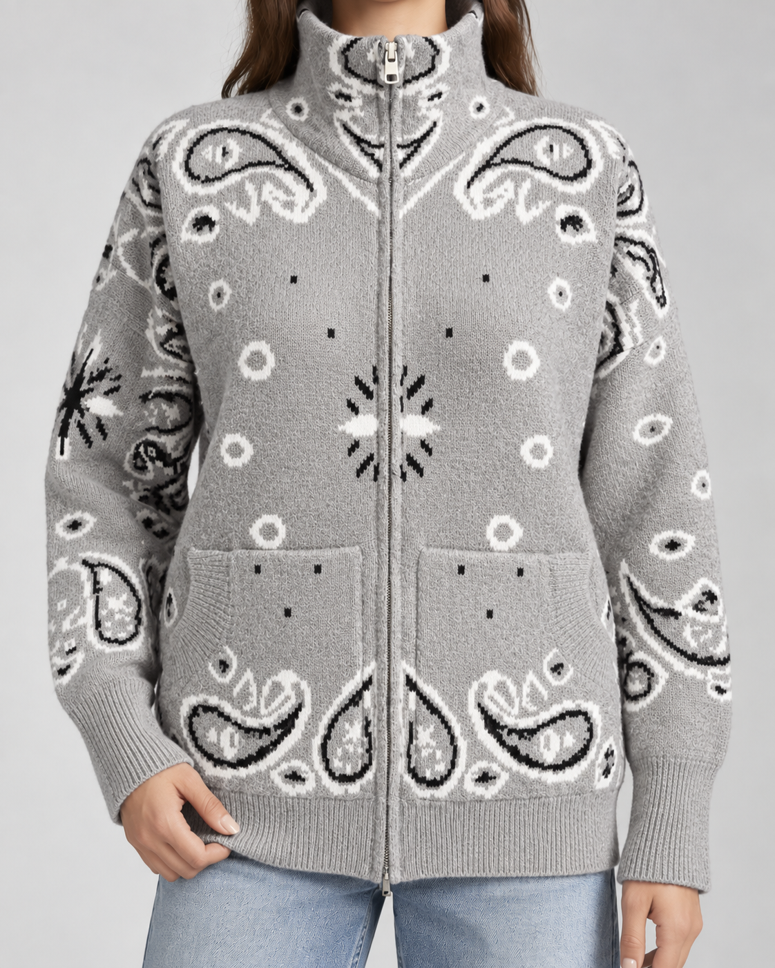 Women's Paisley Print Zip-Up Cardigan – Funnel Neck Ribbed Knit Sweater