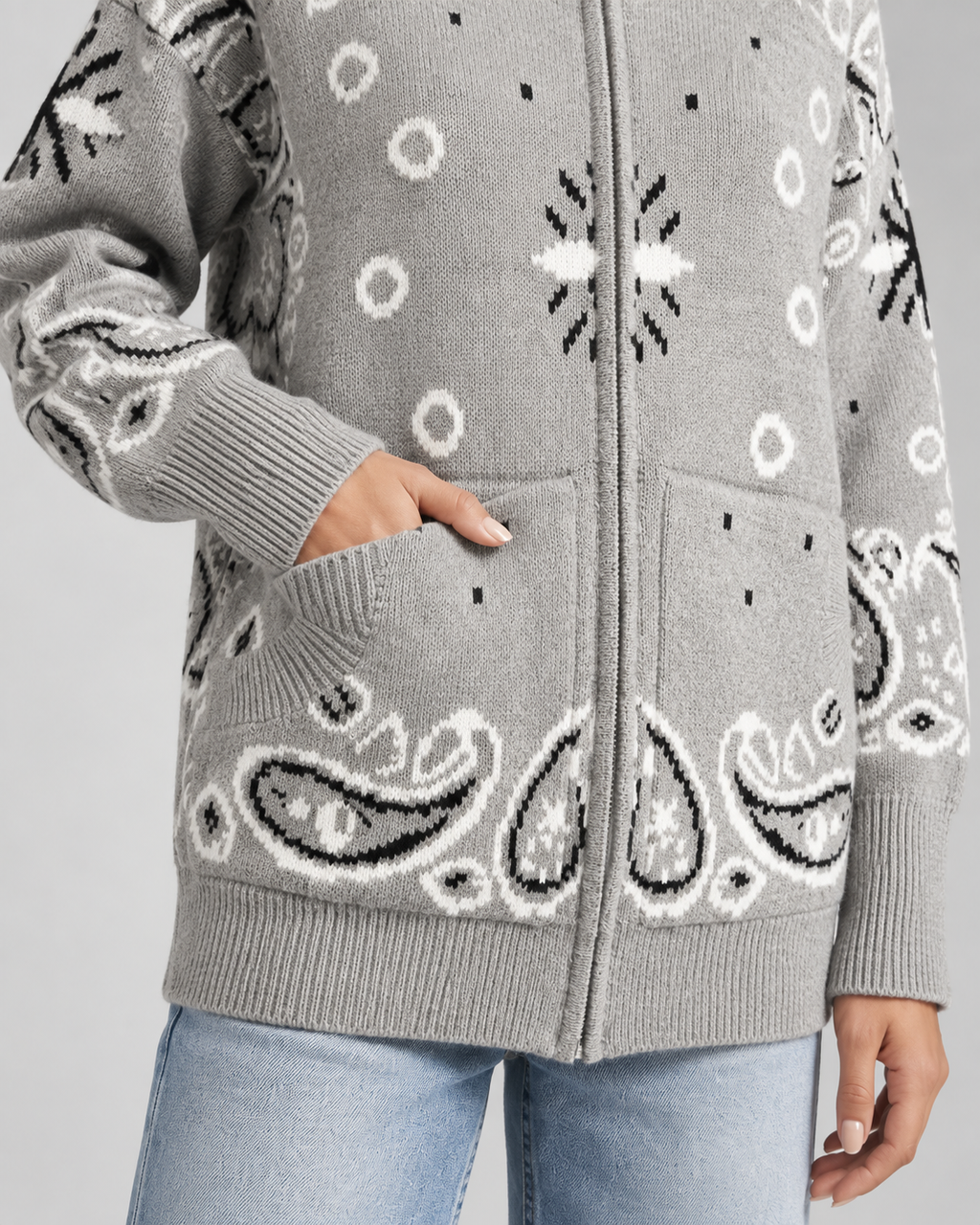 Women's Paisley Print Zip-Up Cardigan – Funnel Neck Ribbed Knit Sweater