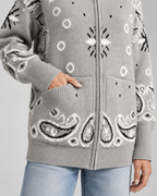 Women's Paisley Print Zip-Up Cardigan – Funnel Neck Ribbed Knit Sweater
