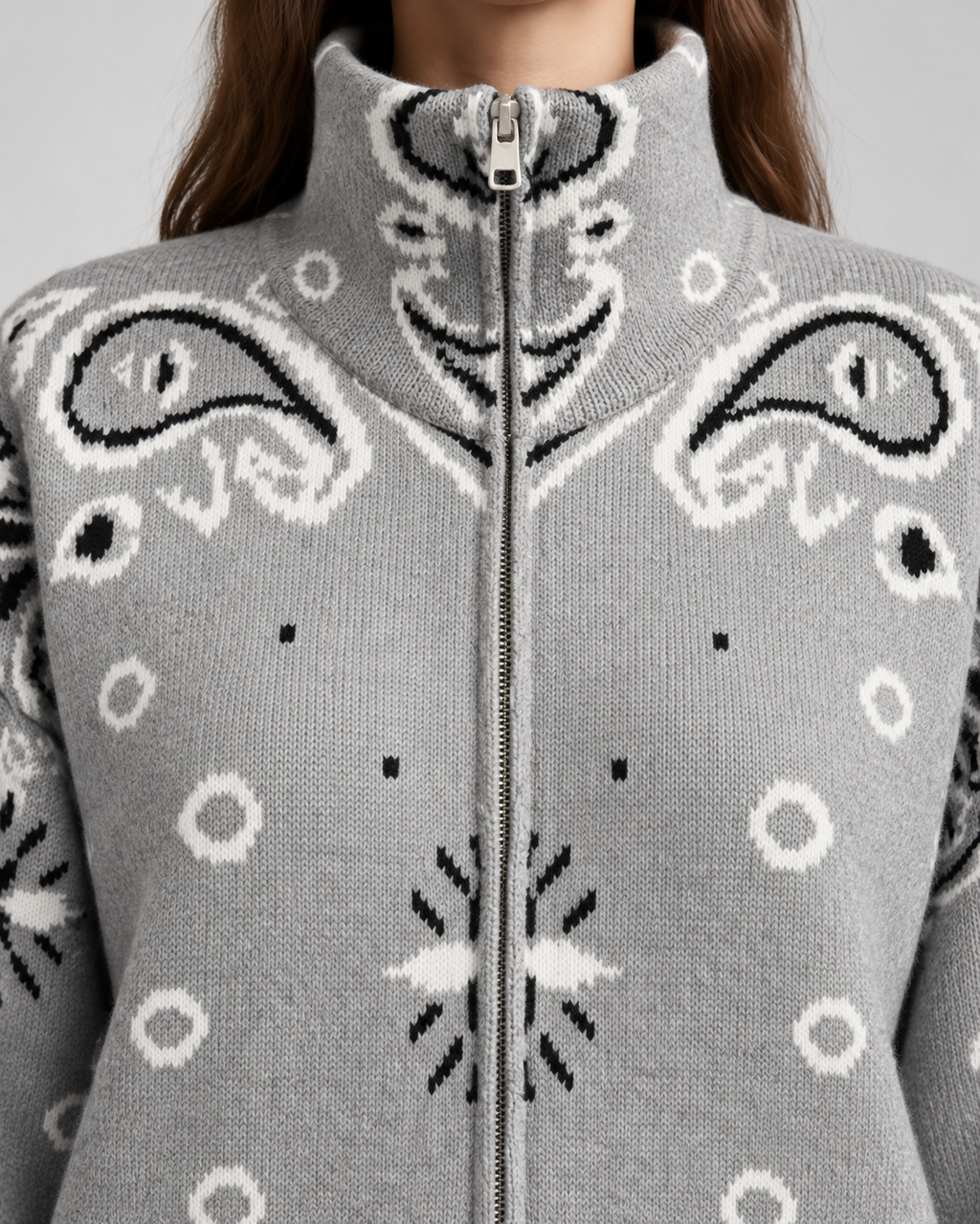 Women's Paisley Print Zip-Up Cardigan – Funnel Neck Ribbed Knit Sweater