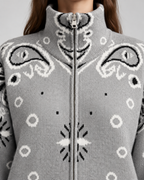 Women's Paisley Print Zip-Up Cardigan – Funnel Neck Ribbed Knit Sweater