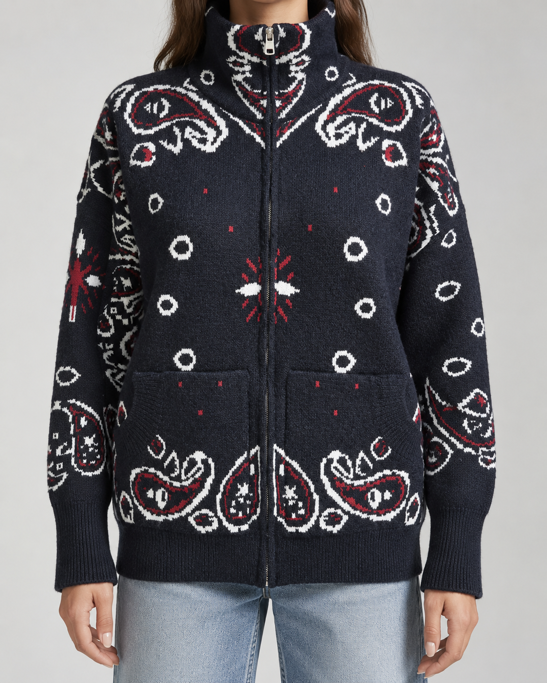 Women's Paisley Print Zip-Up Cardigan – Funnel Neck Ribbed Knit Sweater