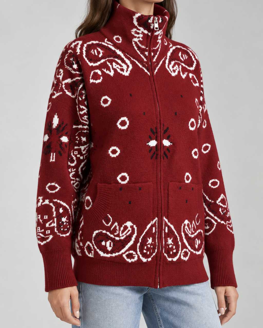 Women's Paisley Print Zip-Up Cardigan – Funnel Neck Ribbed Knit Sweater