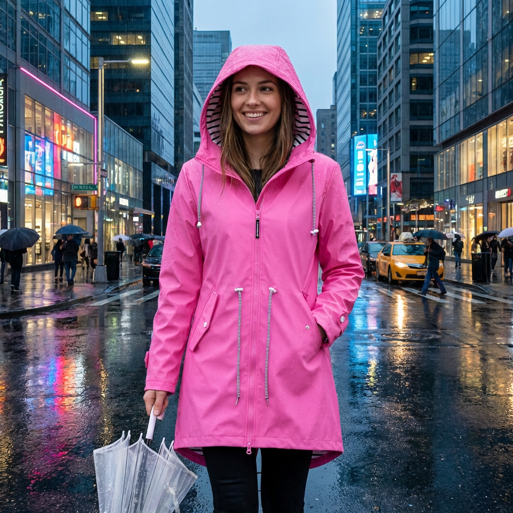 Women's Long Hooded Rain Jacket – Adjustable Hood Longline Raincoat
