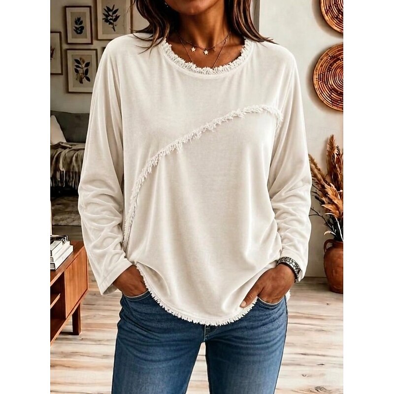 Women's Crew Neck Tunic - Long Sleeve Sweater Dress with Fringe Details