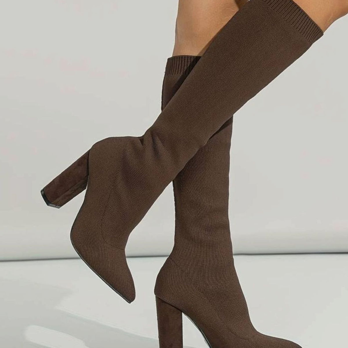 Women's Knit Sock Boots – Knee-High Block Heel Pointed Toe Boots