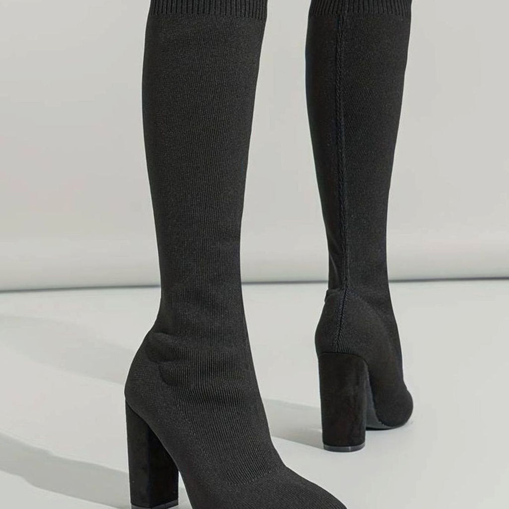Women's Knit Sock Boots – Knee-High Block Heel Pointed Toe Boots