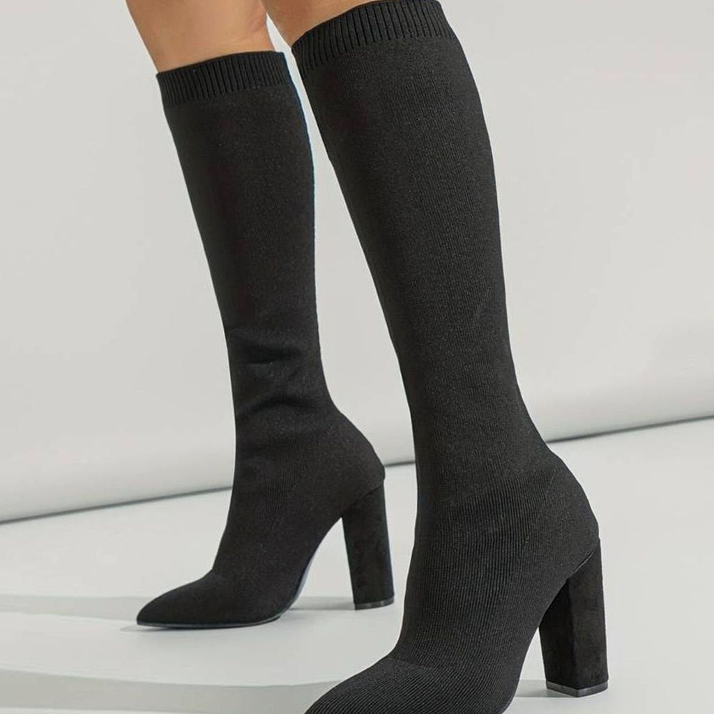 Women's Knit Sock Boots – Knee-High Block Heel Pointed Toe Boots