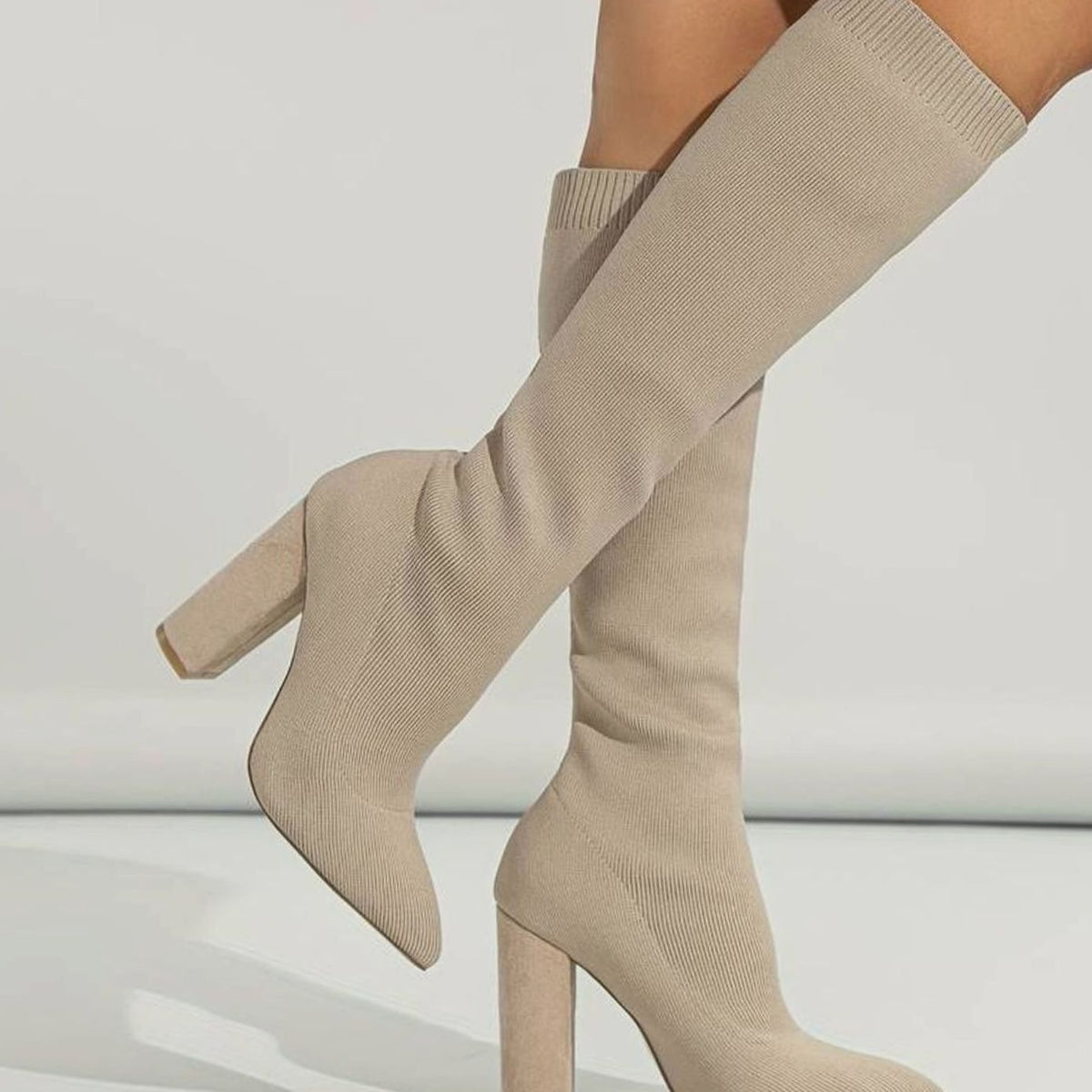Women's Knit Sock Boots – Knee-High Block Heel Pointed Toe Boots