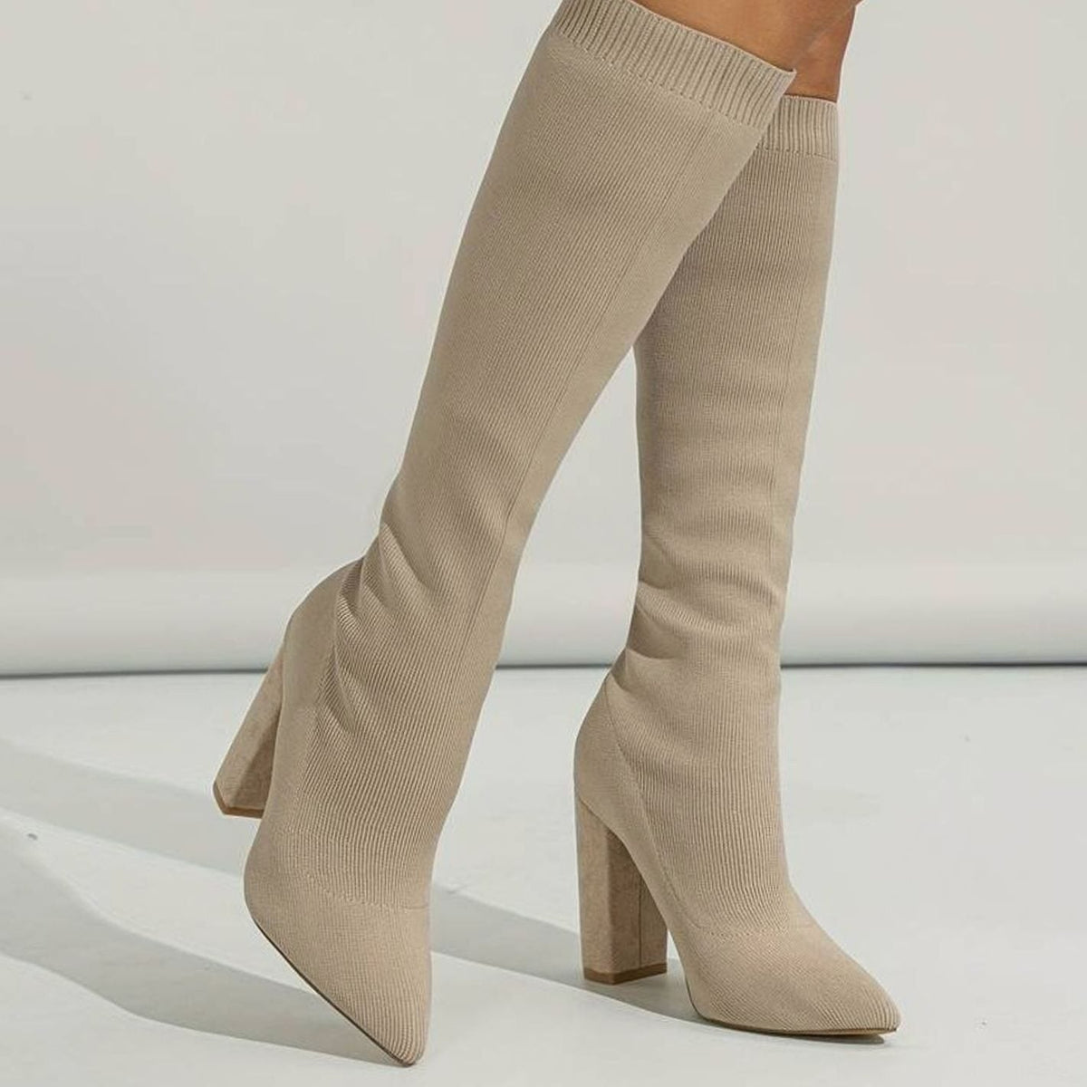 Women's Knit Sock Boots – Knee-High Block Heel Pointed Toe Boots