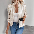 Women's Metallic Cropped Bomber Jacket – Stand Collar Zip-Up Shiny Jacket