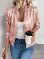 Women's Metallic Cropped Bomber Jacket – Stand Collar Zip-Up Shiny Jacket