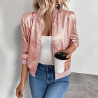 Women's Metallic Cropped Bomber Jacket – Stand Collar Zip-Up Shiny Jacket
