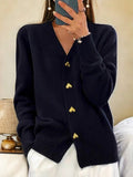 Women's V-Neck Heart Button Cardigan – Soft Ribbed Trim Knit Sweater
