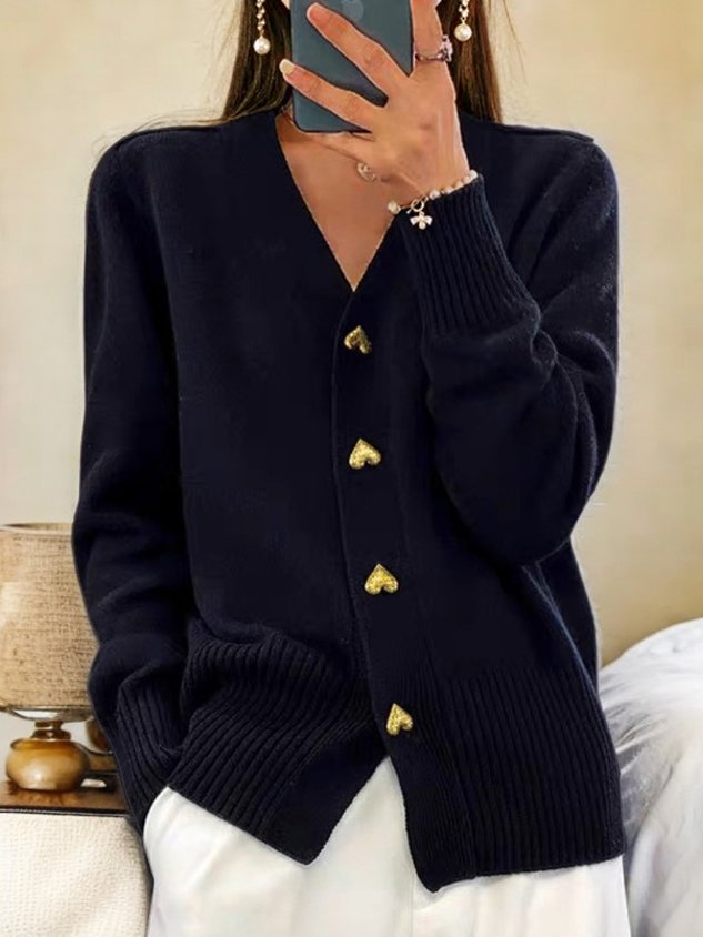 Women's V-Neck Heart Button Cardigan – Soft Ribbed Trim Knit Sweater