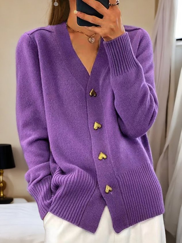 Women's V-Neck Heart Button Cardigan – Soft Ribbed Trim Knit Sweater