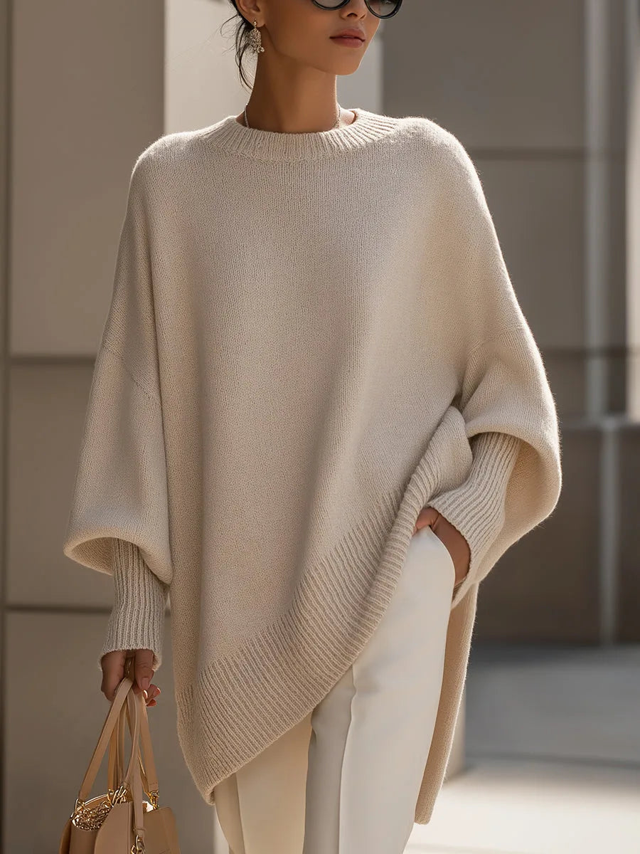 Women's Oversized Batwing Sweater – Asymmetric Hem Soft Knit Pullover