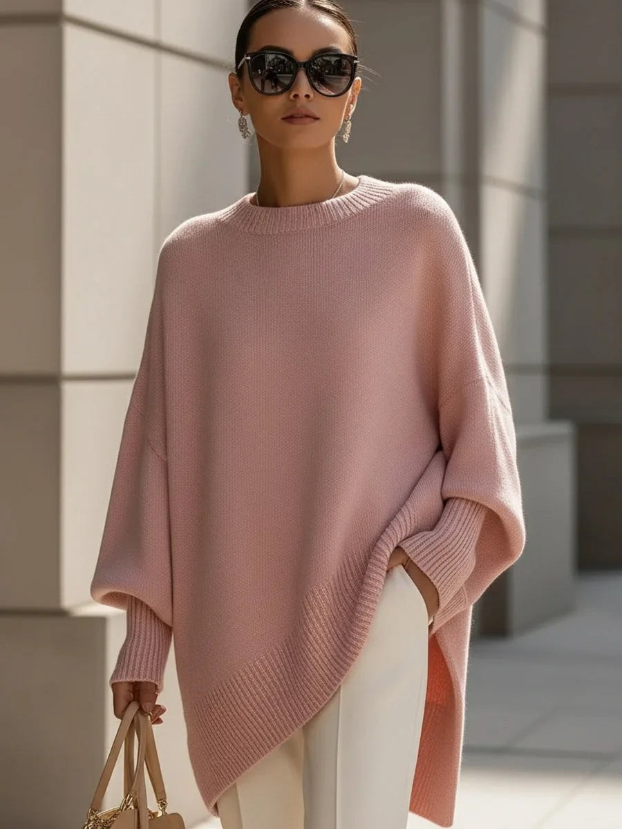 Women's Oversized Batwing Sweater – Asymmetric Hem Soft Knit Pullover