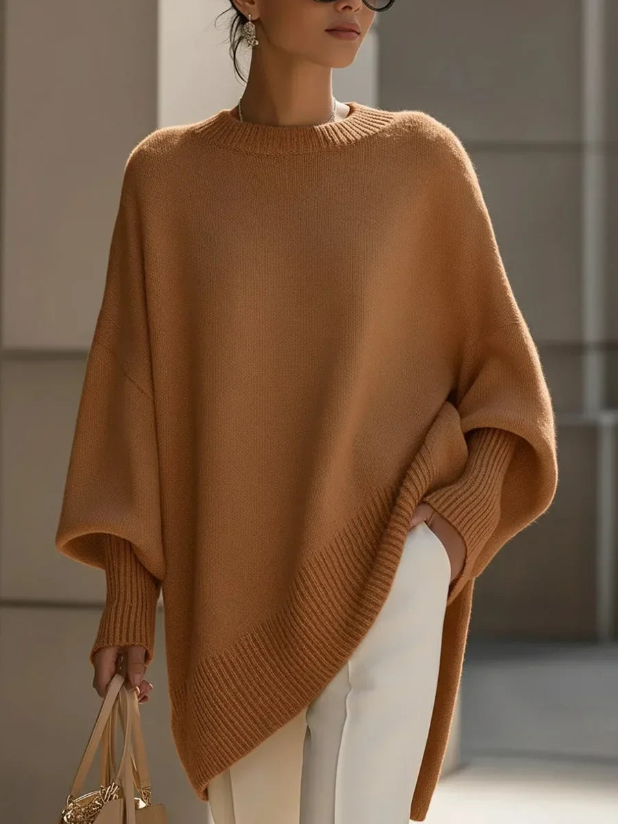 Women's Oversized Batwing Sweater – Asymmetric Hem Soft Knit Pullover